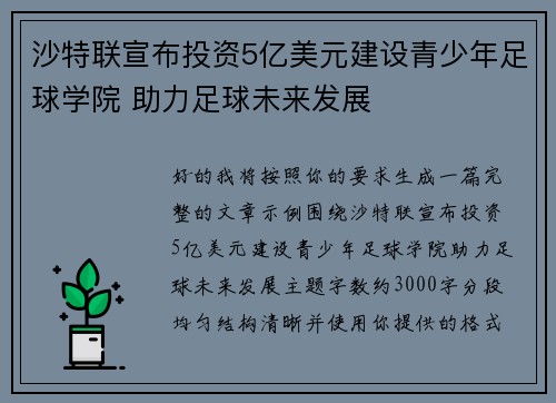 沙特联宣布投资5亿美元建设青少年足球学院 助力足球未来发展