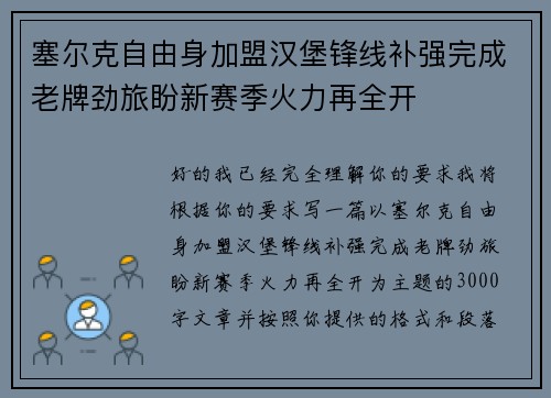 塞尔克自由身加盟汉堡锋线补强完成老牌劲旅盼新赛季火力再全开